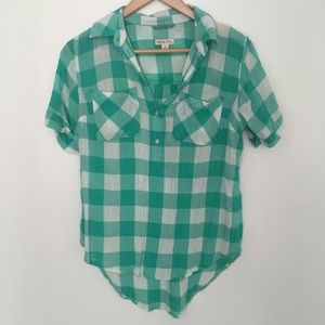 Teal and white plaid/check pattern shirt